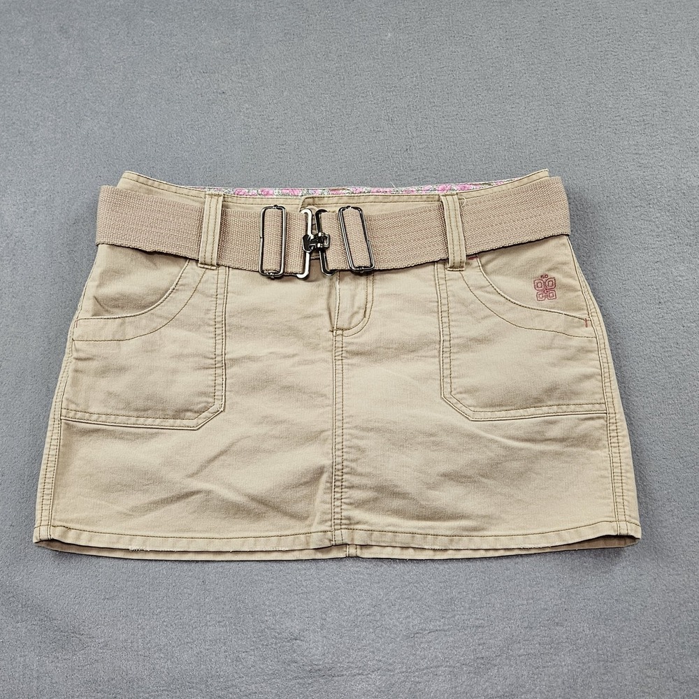 Plugg Juniors Size 9 Skort Y2K Retro Low Rise Mini Skirt Belted Cotton Khaki Tan